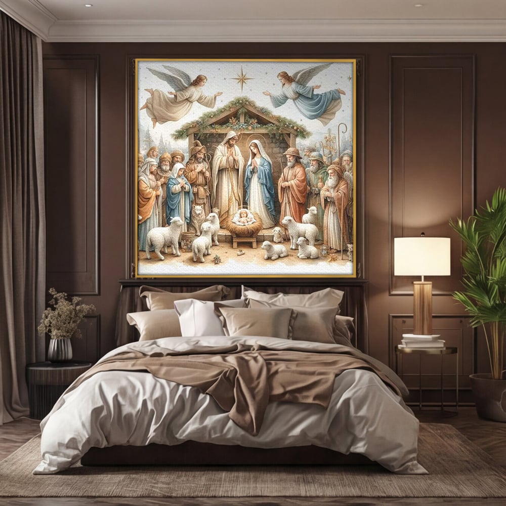 Tablou canvas cu ilustratie religioasa cu scena nasterii domnului, in rama de aluminiu auriu, pe perete intr-un dormitor